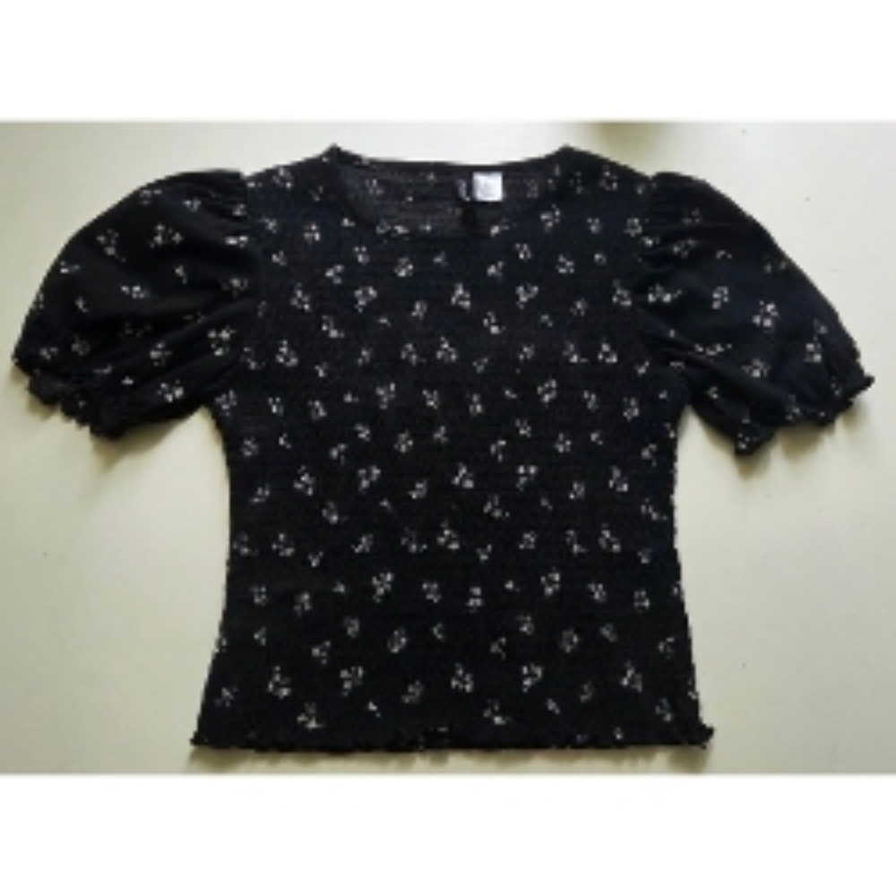 Like new cottage core puff sleeve puckered dark blue midi top